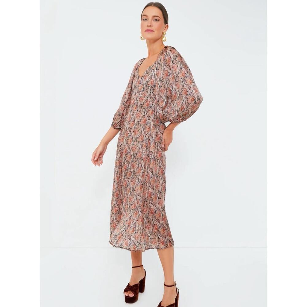 The Great. Ornate Paisley Fountain Midi V Neck Fall Balloon Sleeve Dress Sz 0 XS